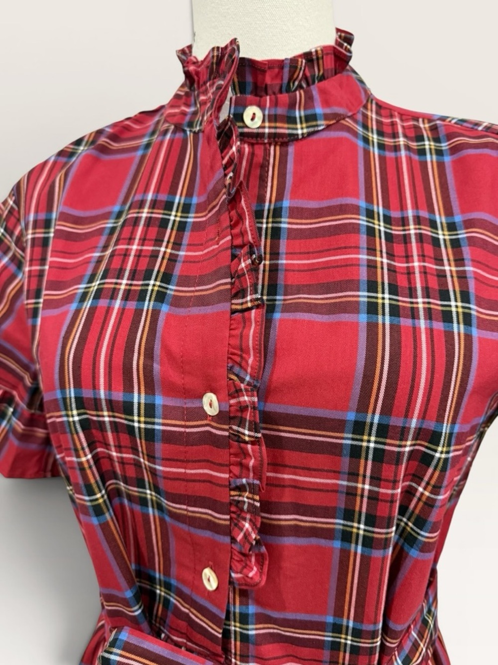 J. MARIE XS HOLLIN BELTED SHORT SLEEVE MIDI DRESS RED TARTAN PLAID NWT $180 - Picture 7 of 15